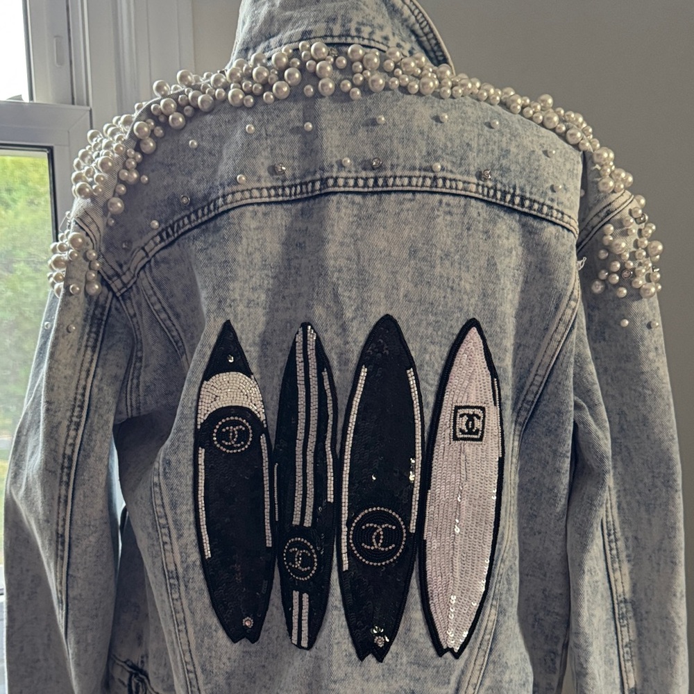 Designer Inspired Pearl Embellished Denim Jacket